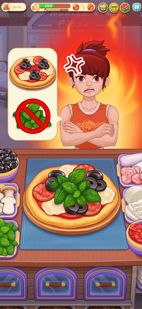 An angry chef character in front of a fire background reacting to a pizza topped with unwanted basil in a mobile cooking game.