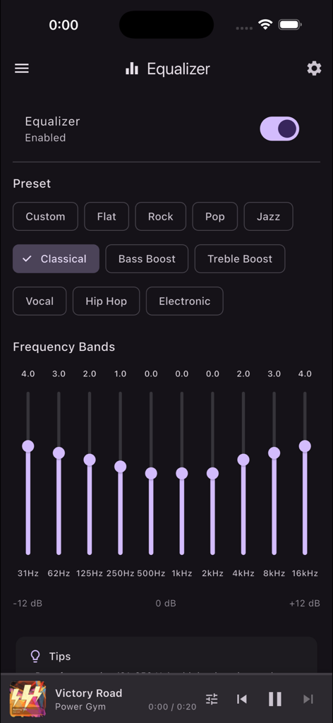 QuickPlayer - Music & Video - QuickPlayer app 10-band audio equalizer interface with frequency sliders and sound presets