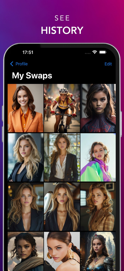 A mobile screen showing a gallery of AI face-swapped photos including professional portraits, superheroes, and fantasy characters.