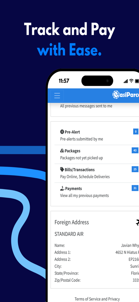 Easiparcel - Easiparcel mobile App-Oberfläche, die Paketverfolgung und US-Postadressdetails anzeigt