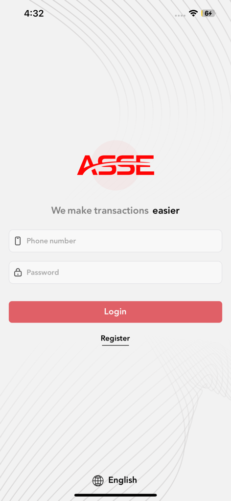 Login screen for the Asse Online mobile app featuring fields for phone number and password entry.