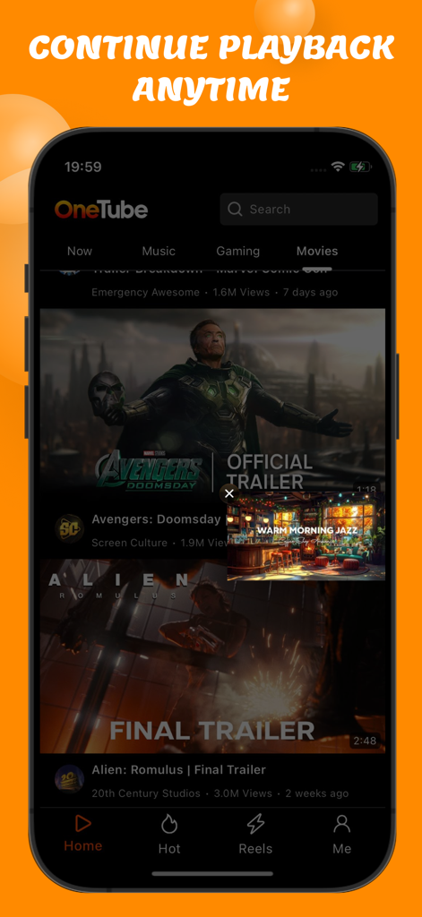 OneTube App-Oberfläche, die Film-Trailer und einen Bild-im-Bild-Popup-Player zeigt