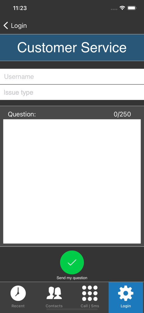 MobileVOIP app customer service screen for sending technical support questions