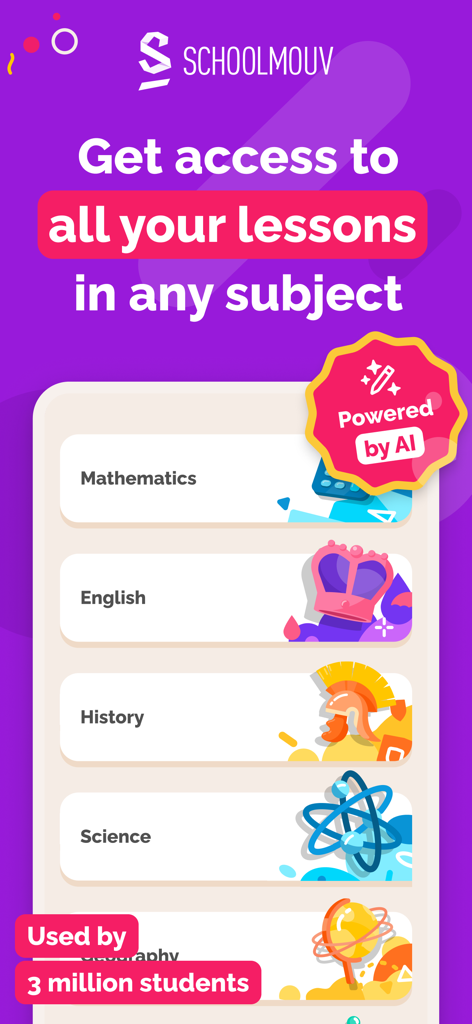 Benutzeroberfläche der SchoolMouv-App mit einer Liste von Schulfächern wie Mathematik, Englisch und Naturwissenschaften, die von KI unterstützt werden