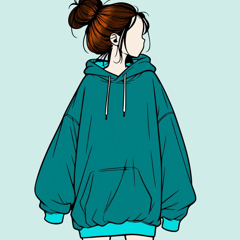 realistic girl with a oversized sweatshirt on and a bun