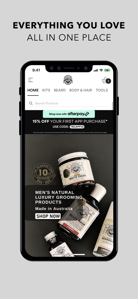The Bearded Chap - The home screen of The Bearded Chap app showcasing luxury men grooming products and a discount code.