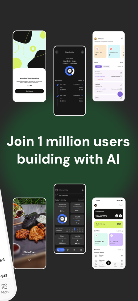 Una vetrina di design di app mobile per finanza, fitness e produttività con il testo Unisciti a 1 milione di utenti che costruiscono con l'IA.
