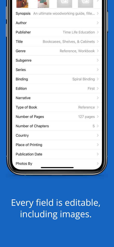 iCollect Books: Library List - A mobile screen showing customizable metadata fields for a book entry including title, publisher, and genre.