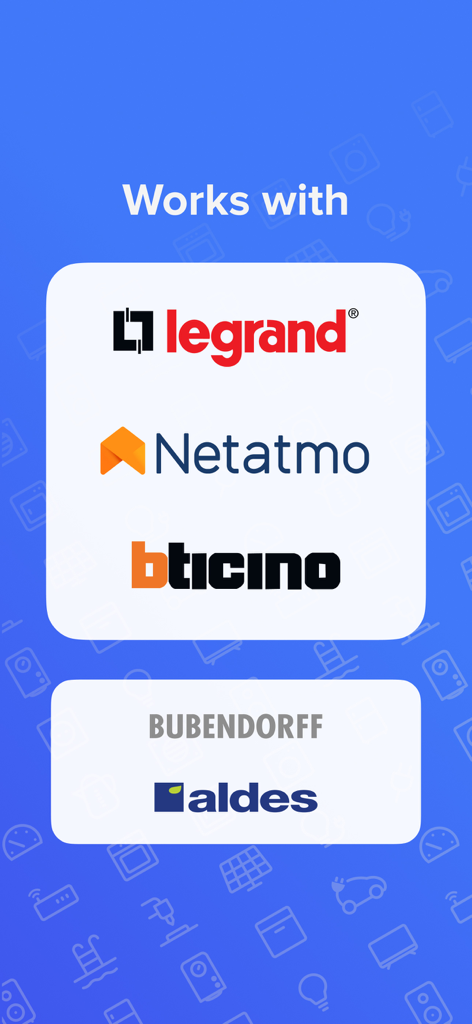 Grafik, die die Kompatibilität der Home + Control App mit Marken wie Legrand, Netatmo, Bticino, Bubendorff und Aldes zeigt
