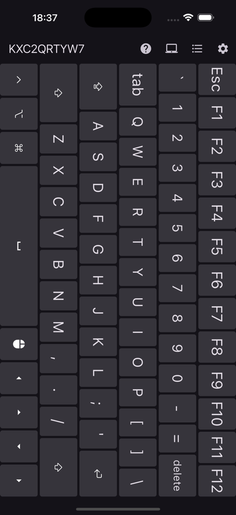 Remote Keyboard & Mouse - Full QWERTY wireless keyboard interface with function keys and number row on a smartphone screen