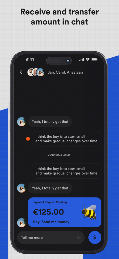Silk Bank app screen showing an in-app chat with a pending payment request of 125 euros.