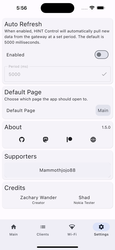 자동 새로고침 및 개발자 정보가 포함된 HINT Control 앱 설정 메뉴