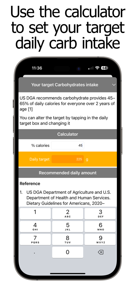 Carb Counter and Tracker - A mobile interface from the Carb Counter and Tracker app showing a calculator to set a target daily carbohydrate intake based on percentage of calories and US dietary guidelines.