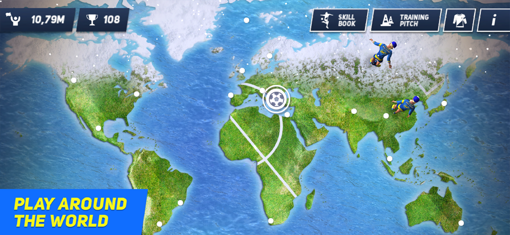 Eine Weltkarten-Oberfläche im Skilltwins Fußballspiel, die globale Levels und den Spielfortschritt zeigt