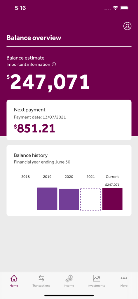 Cbus Super app home screen showing account balance overview and historical balance chart