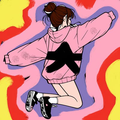 realistic girl jumping with a bun and oversized sweatshirt