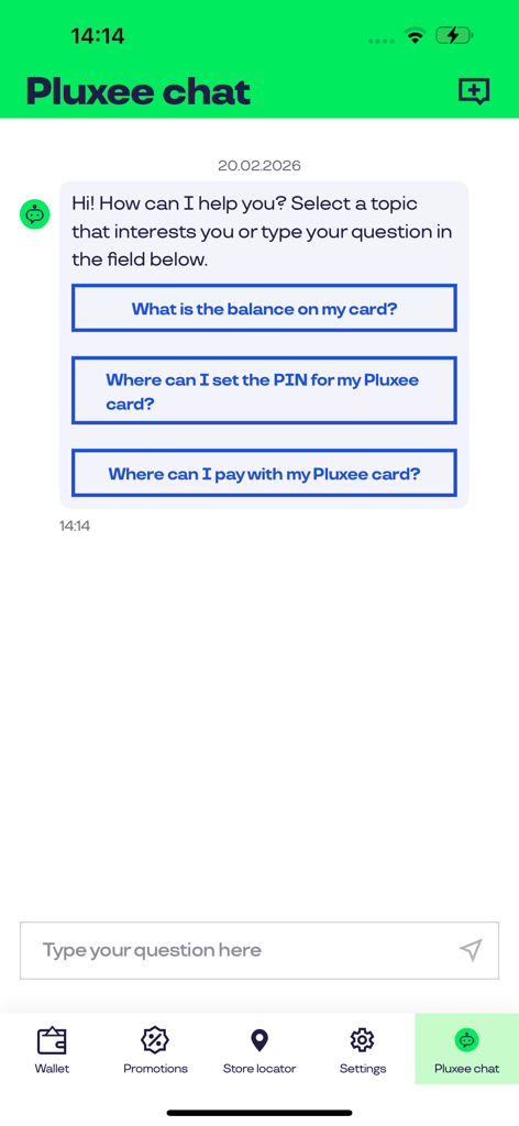 Pluxee Polska - Pantalla del chatbot de la aplicación Pluxee que muestra temas de ayuda de atención al cliente para el saldo de la tarjeta y el PIN.