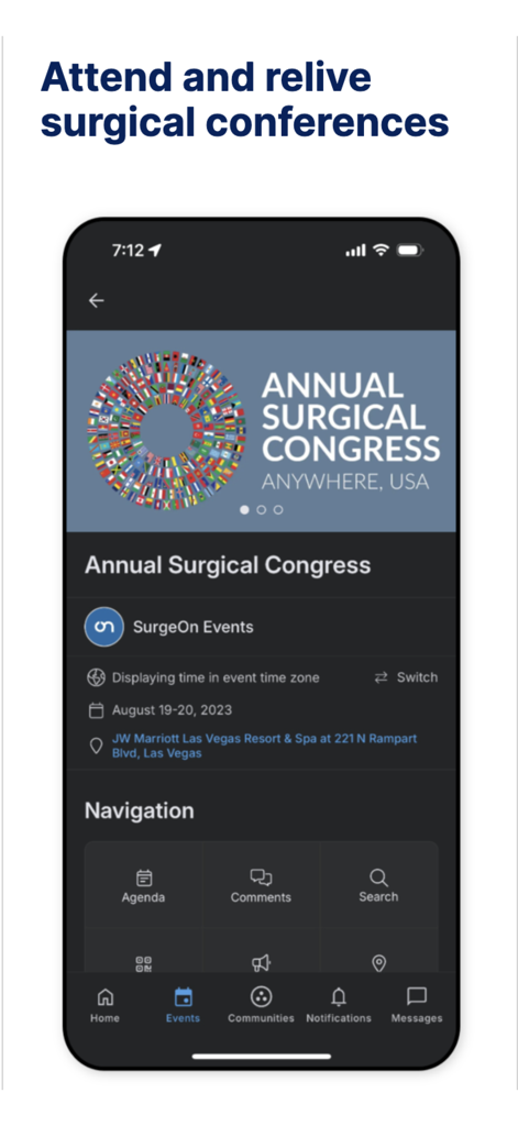 SurgeOn - Surgery Unified - Interface of the SurgeOn app showing details for a surgical congress event
