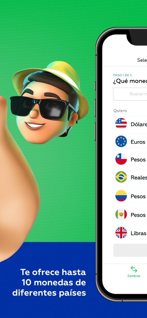 Captura de pantalla de la interfaz de selección de divisas de la app Cambio de Divisas Interbank que muestra varias banderas internacionales y opciones de divisa