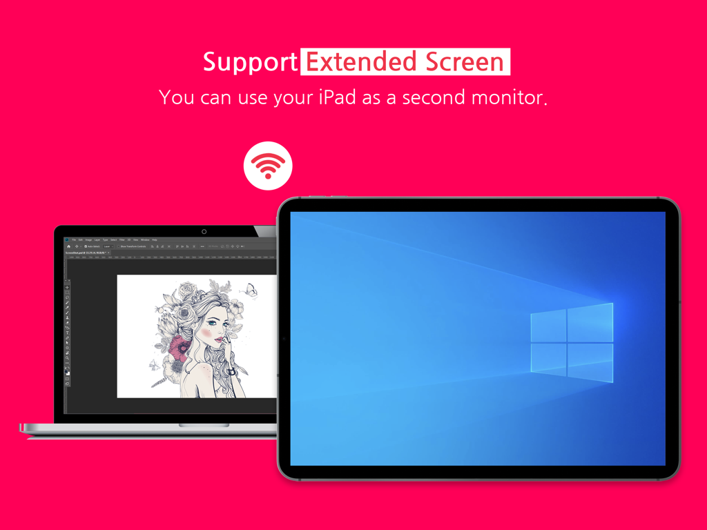 EasyCanvas -Graphic tablet App - Ein iPad, das als zweiter drahtloser Monitor für einen Windows-Laptop verwendet wird und eine digitale Illustration anzeigt