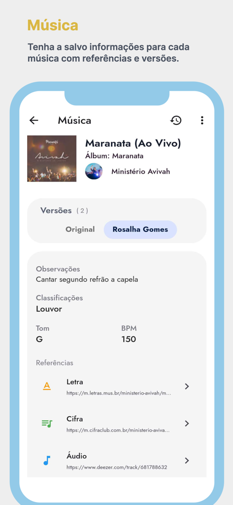 LouveApp - Tela do aplicativo móvel LouveApp mostrando detalhes da música de louvor, incluindo tom, BPM e links de recursos