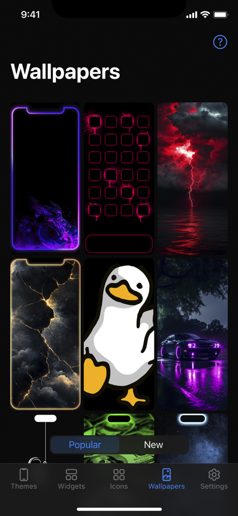 A gallery of aesthetic and stylish iPhone wallpapers within the Reskin app.