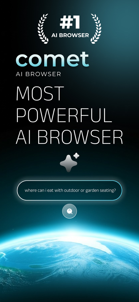 Comet - Ai Agent Browser - Comet AI agent browser main interface with search bar and earth background