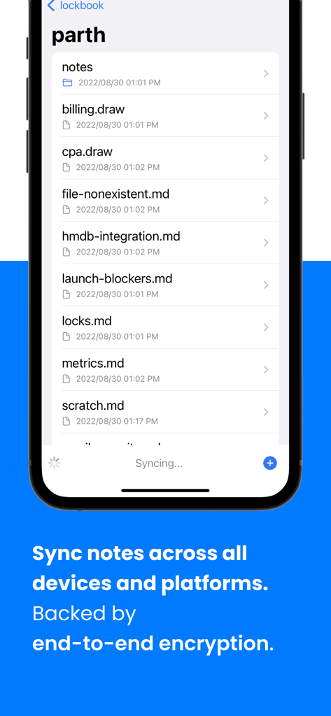 Lockbook - Lockbook mobile App-Oberfläche auf dem iPhone, die eine Liste von verschlüsselten Markdown-Notizen und Zeichnungsdateien mit Synchronisierungsstatus anzeigt.