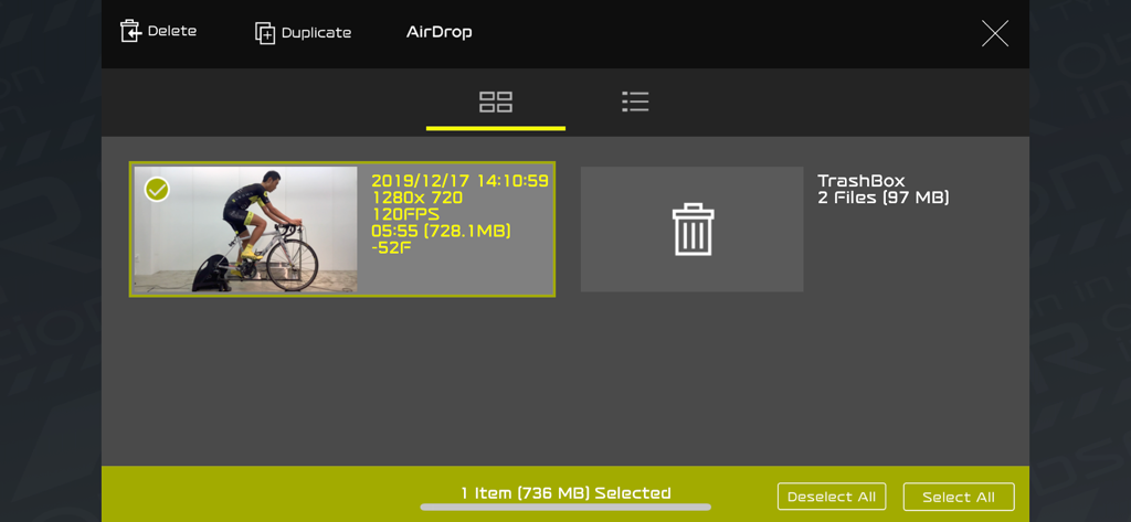 File management interface in LEOMO Live Video Sync showing a selected cycling video session with technical data and export options.