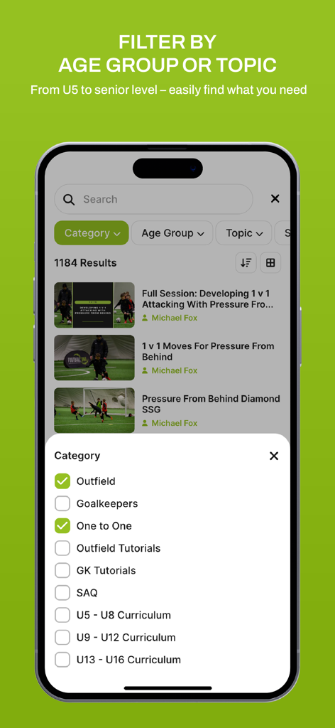 Football DNA - Football DNA app interface for filtering soccer training drills by age group and category.