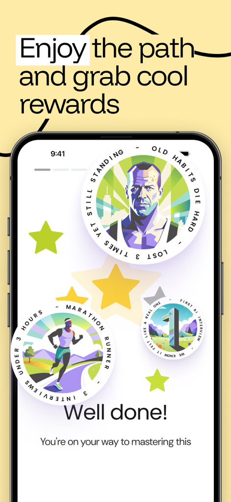 Una pantalla móvil que muestra recompensas gamificadas y distintivos de logros en la aplicación Duos AI Job Interview Game