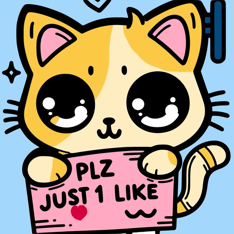 a cute cat holding a sign that says plz just 1 like