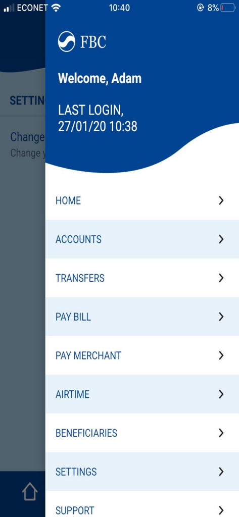 FBC Mobile - FBC Mobile app menu with account, transfer, and payment options