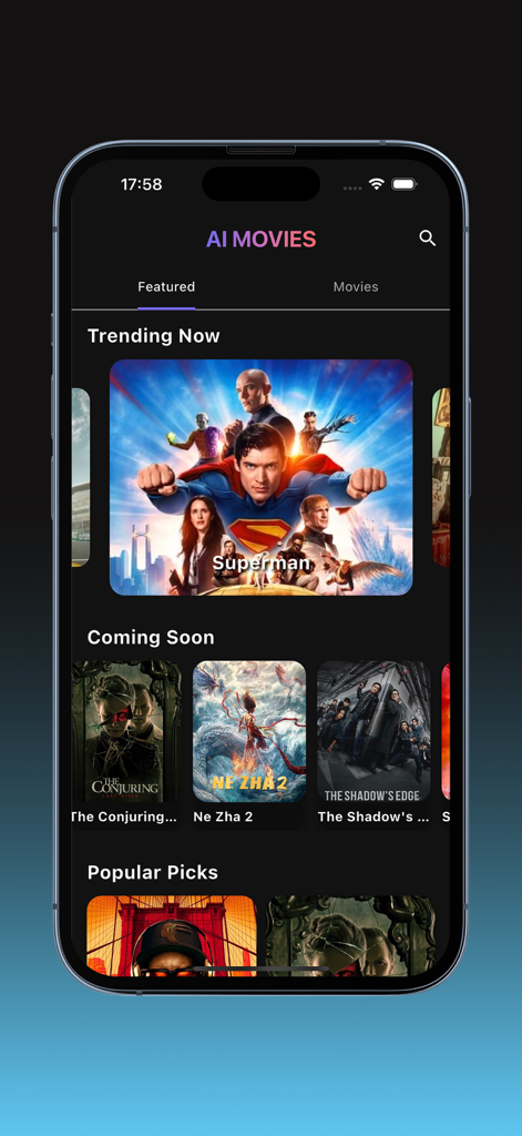 Cinego movies Watchlist - Cinego app interface showing trending movies and upcoming film releases.