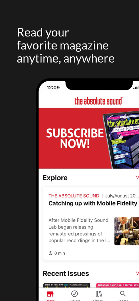 La interfaz de la aplicación móvil The Absolute Sound mostrando opciones de suscripción y artículos sobre equipos de audio de alta fidelidad.