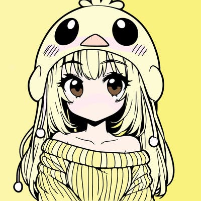 anime girl with chick shaped hat with sweater with bare shoulders with bangs covering them one eye with low tail