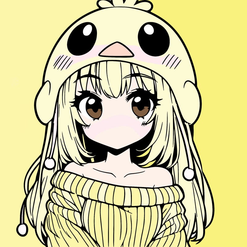 anime girl with chick shaped hat with sweater with bare shoulders with bangs covering them one eye with low tail