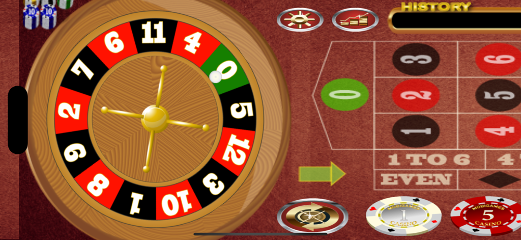 Interface of the Mini Roulette game showing the wheel and betting table with casino chips