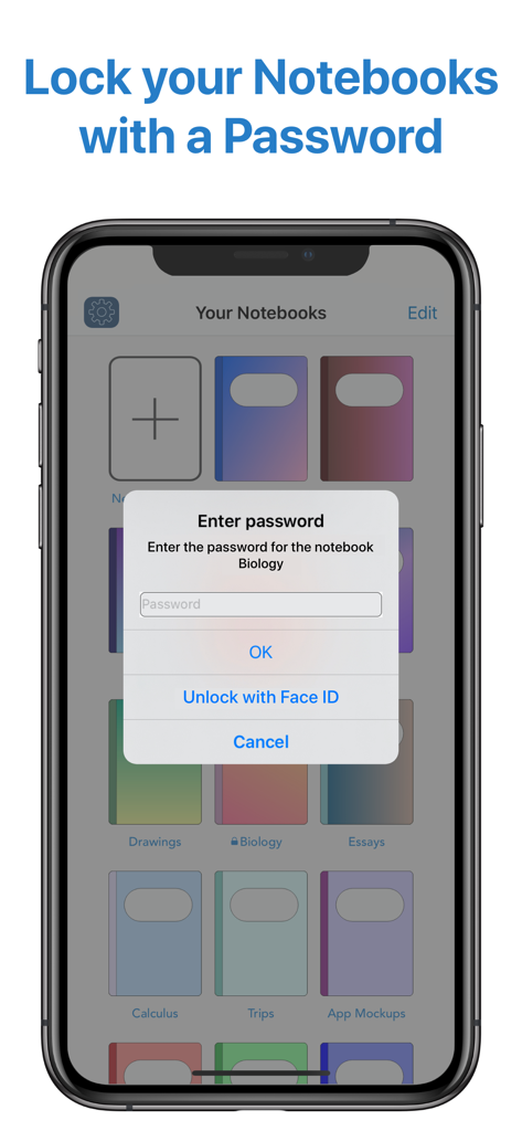 Interface showing a password entry prompt and Face ID unlock option for a private notebook in QuickNotes X Pro