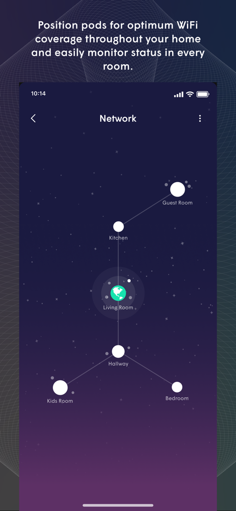 Flow Wi-Fi+ - Um mapa de rede visual em um smartphone mostrando locais de pods Wi-Fi em diferentes cômodos, como cozinha, sala de estar e quartos, para cobertura doméstica otimizada.