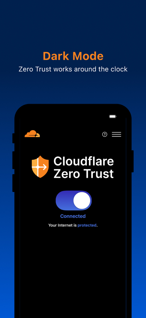 Cloudflare One Agent mobile app interface in dark mode showing active zero trust connection