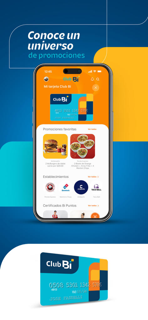 Club Bi - Pantalla de la aplicación móvil Club Bi mostrando la tarjeta de membresía digital y las recompensas del programa de fidelización