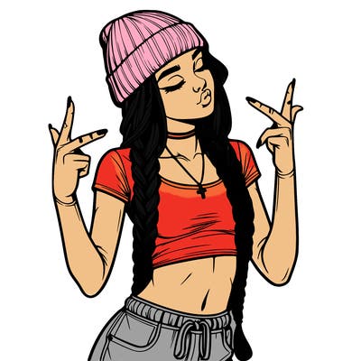 realistic teenage girl with braids and a beanie and crop top doing 🫶🏼