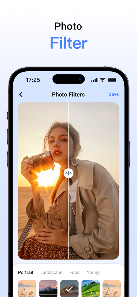 Pantalla de iPhone que muestra la función de filtro de fotos de la aplicación Phone Cleaner con una comparación de imágenes antes y después