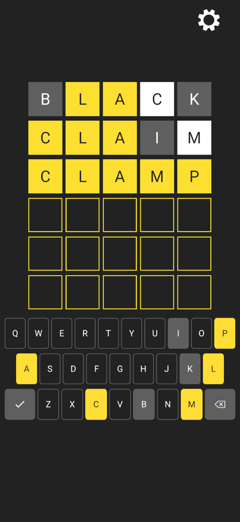 Word Search: Word Guess Puzzle - Gameplay screen of a word search puzzle showing 5-letter word guesses with yellow and grey tiles