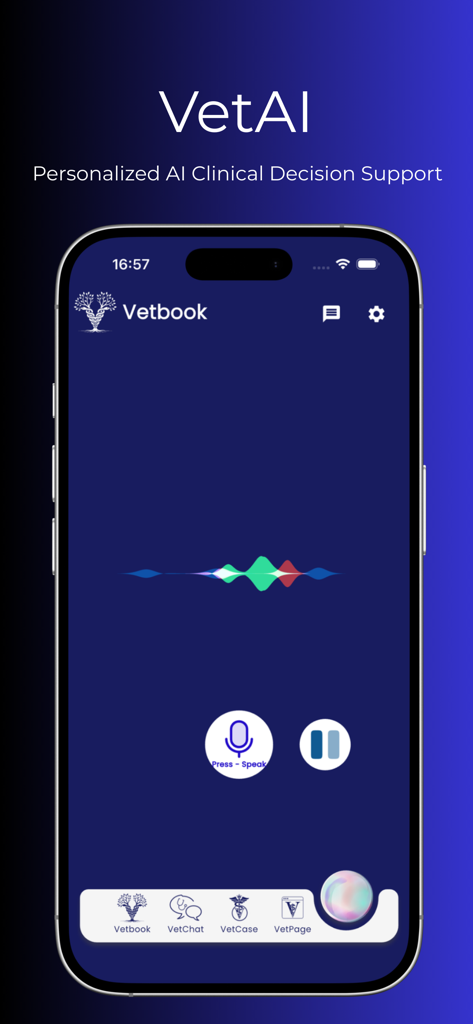 Interface of VetAI within the Vetbook app showing personalized clinical decision support with a voice assistant feature