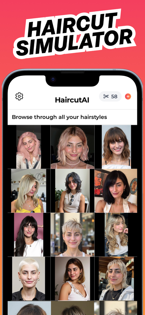 Haircut AI: Haircut Try On - Una interfaz de aplicación móvil que muestra una cuadrícula de diferentes peinados y colores generados por IA en una usuaria