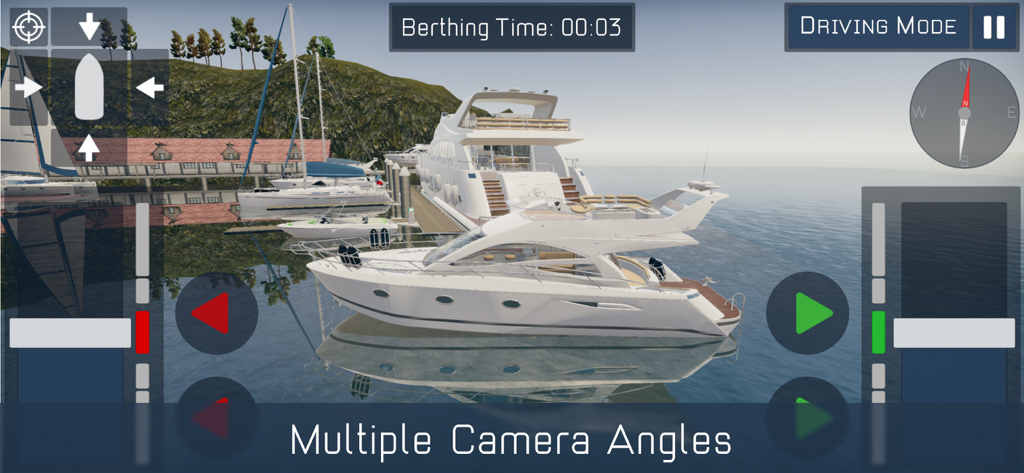 Boat Master - Boat Master simulation gameplay showing a white yacht in a realistic marina with multiple camera view options and navigation controls.