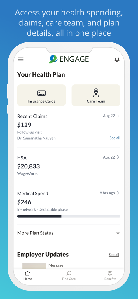 Engage Wellbeing - A screenshot of the Engage Wellbeing app dashboard displaying medical claims, HSA balance, and health plan status