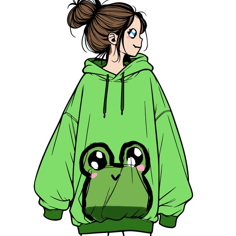realistic girl with a oversized sweatshirt on and a bun